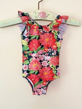 Ruffle Butts Girls Swimsuit Navy Blue Floral Ruffle Sleeve Bow One Piece Size 3T